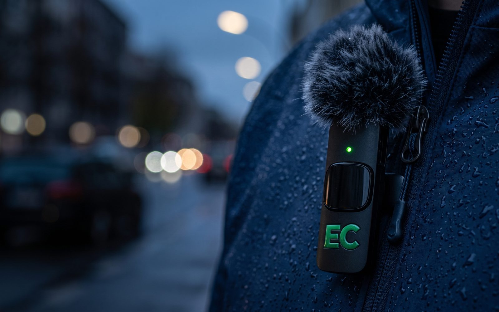 Funkmikrofon mit Fellwindschutz an einer Regenjacke, im Hintergrund eine Straße am Abend