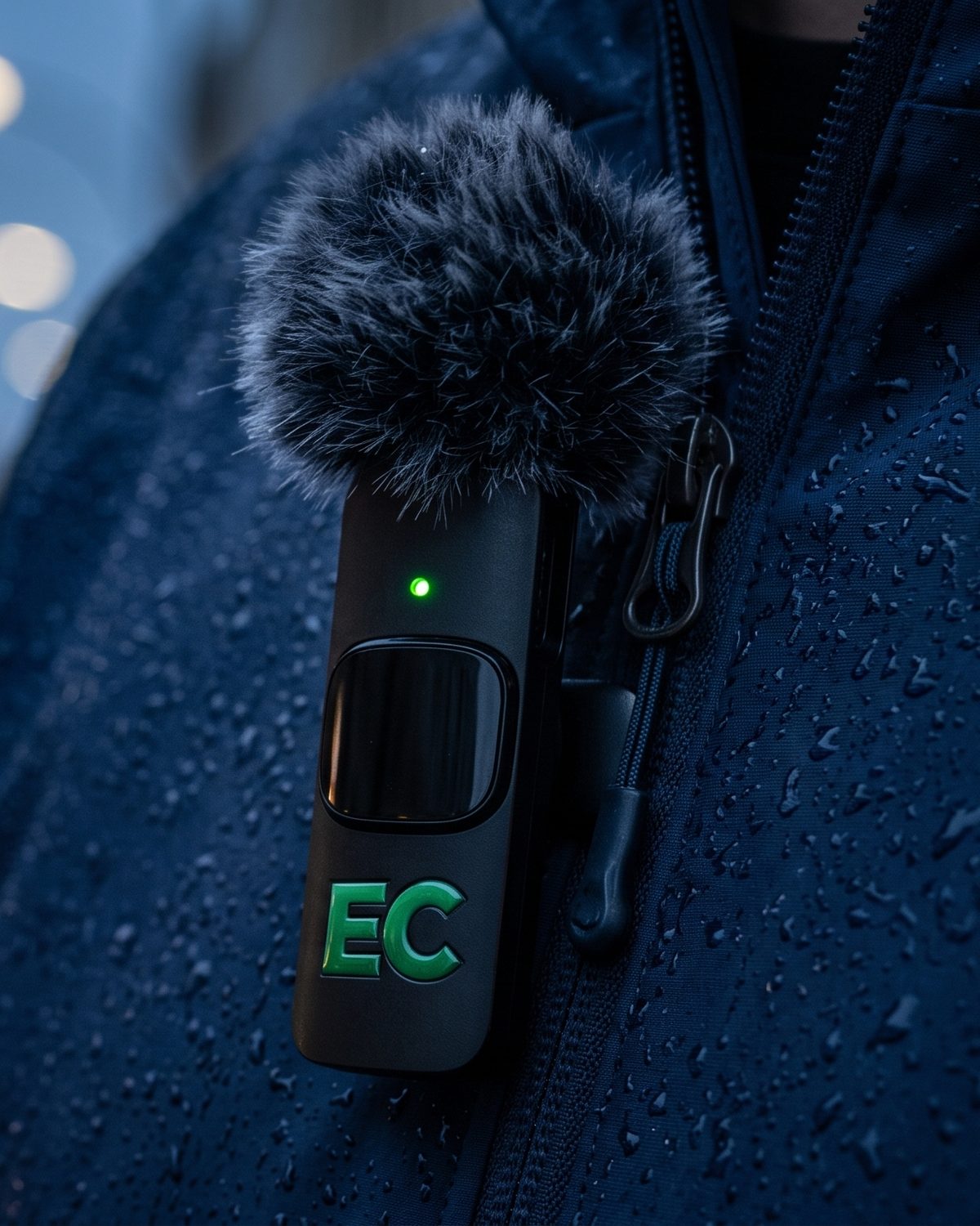 EC Fell mit Fellwindschutz an einer blauen Regenjacke, im Hintergrund eine Straße am Abend